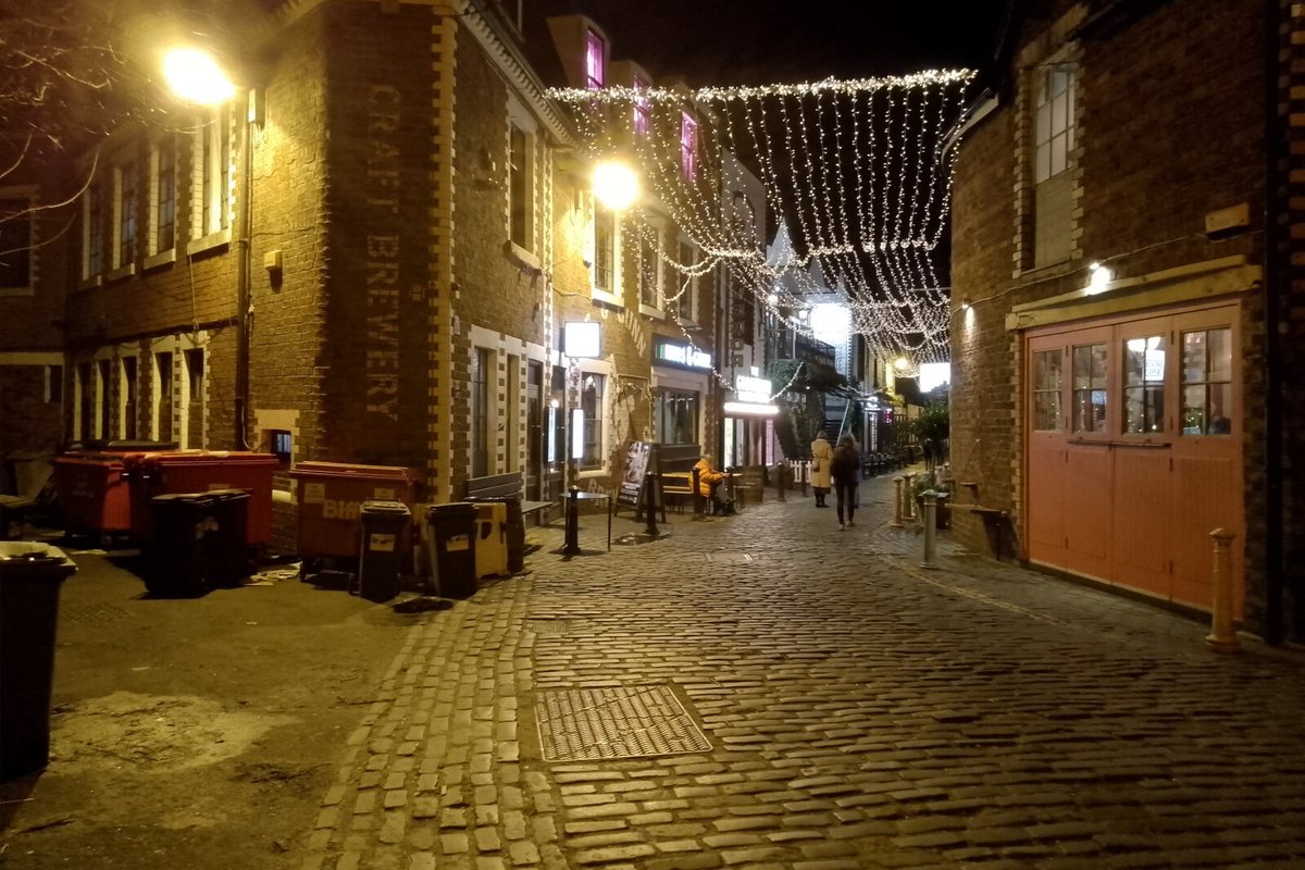 Festive lights above Ashton Lane in Glasgow at night