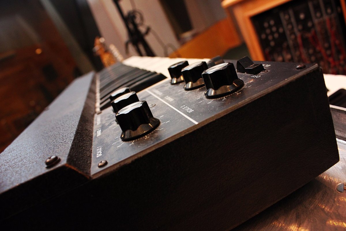A close view of the controls on a Moog modular synthesizer